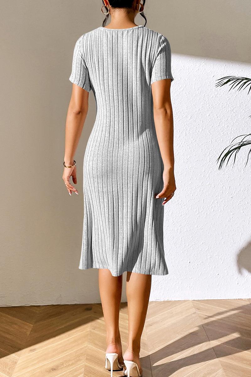 Ribbed Asymmetrical Neck Short Sleeve Dress - Dresses