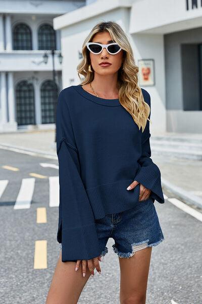 High-Low Slit Round Neck Sweater - Sweater