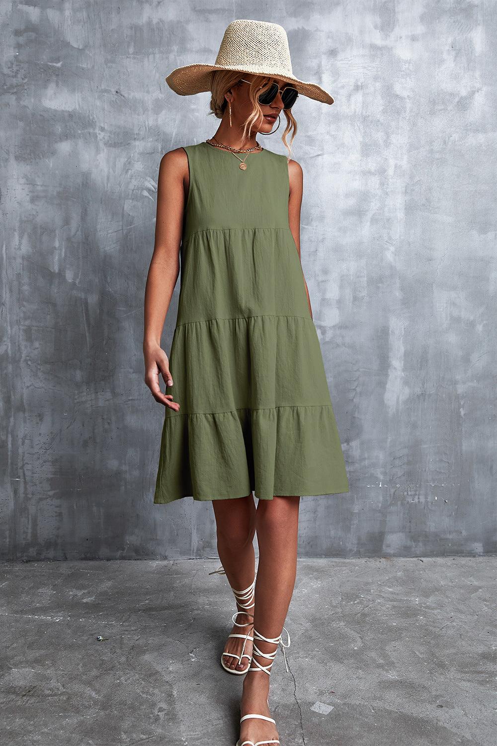 Sleeveless Round Neck Tiered Knee-Length Dress - Dresses