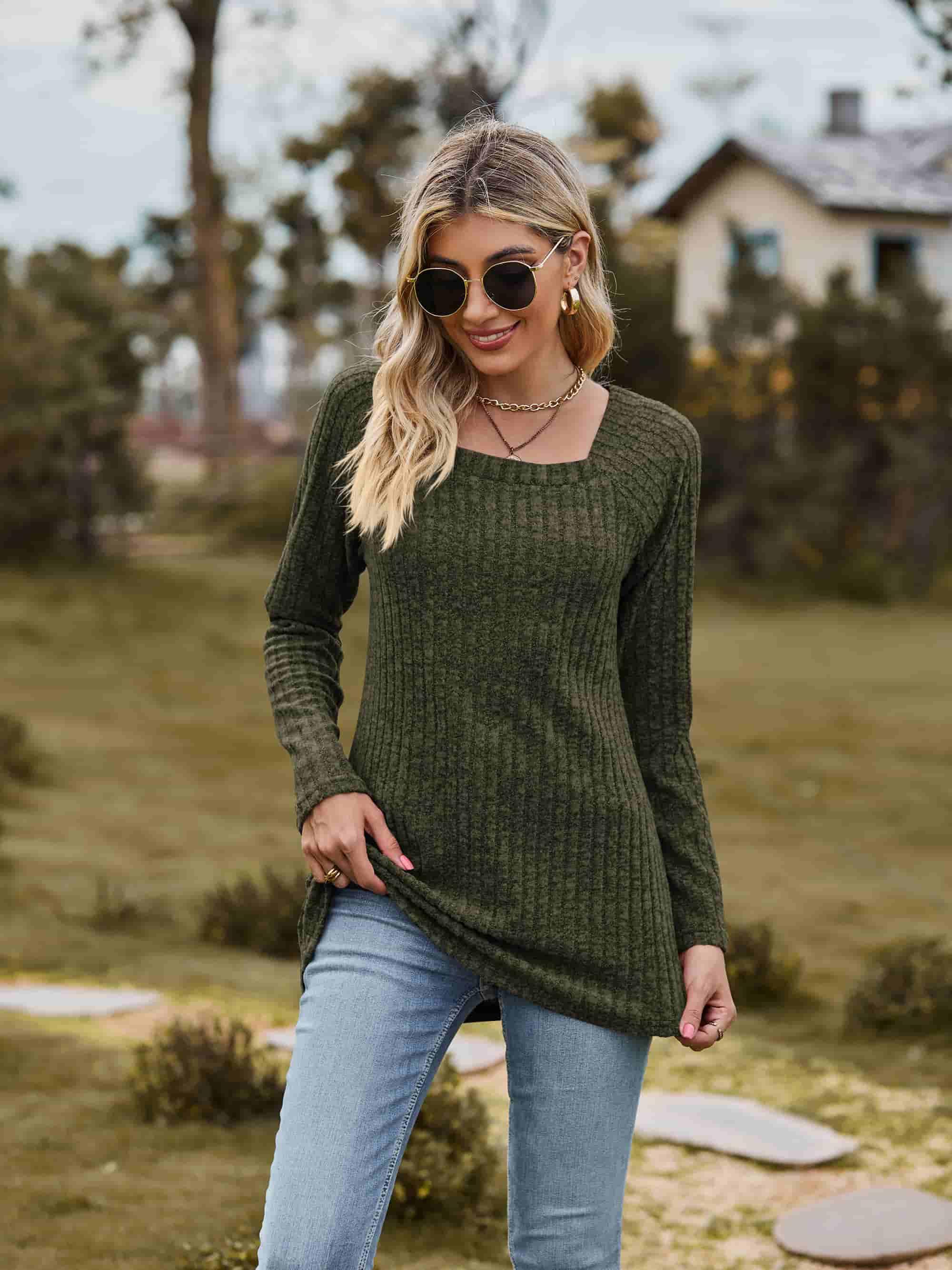 Ribbed Square Neck Long Sleeve Top - Top