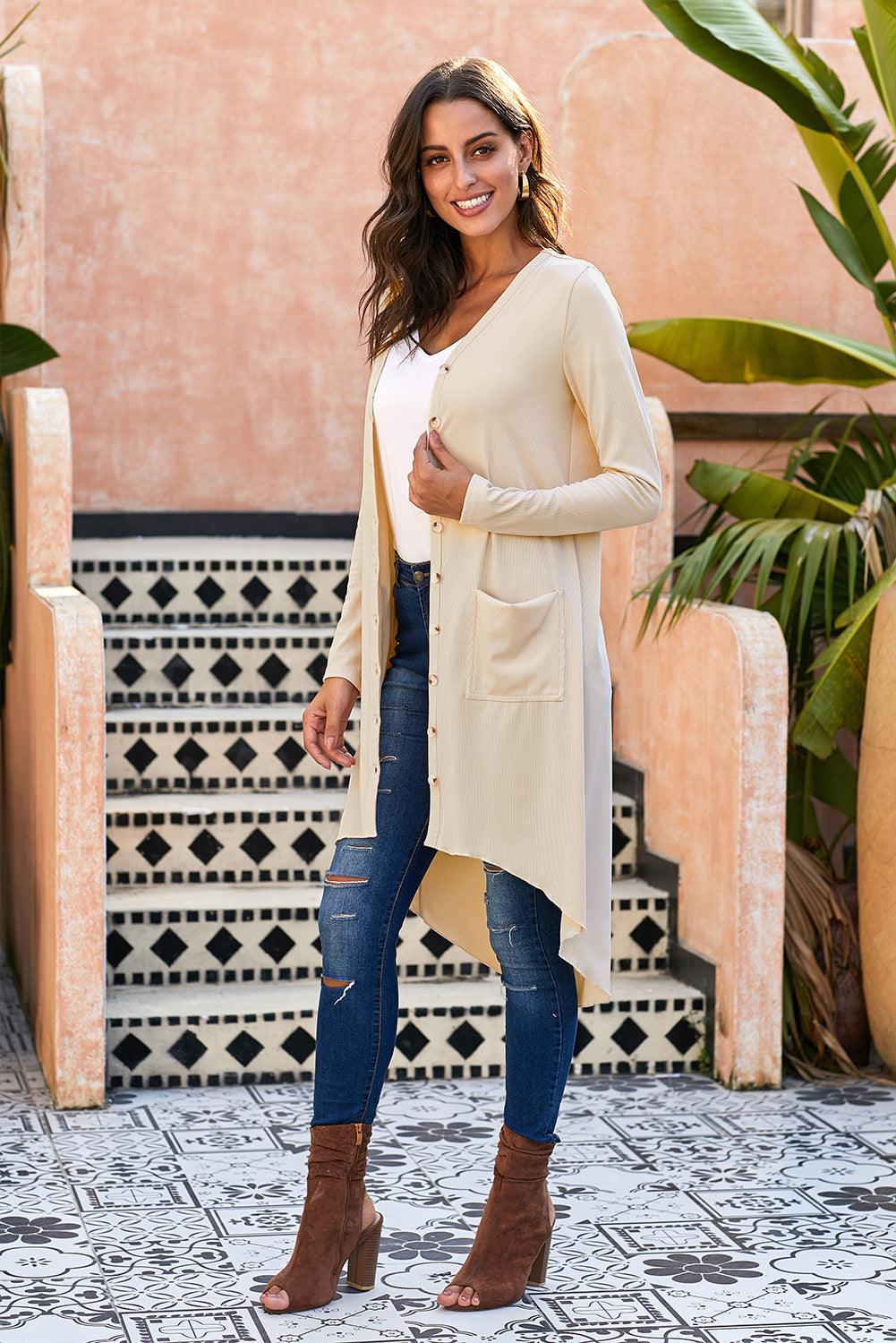 Buttoned V-Neck Long Sleeve Cardigan with Pockets - Cardigan