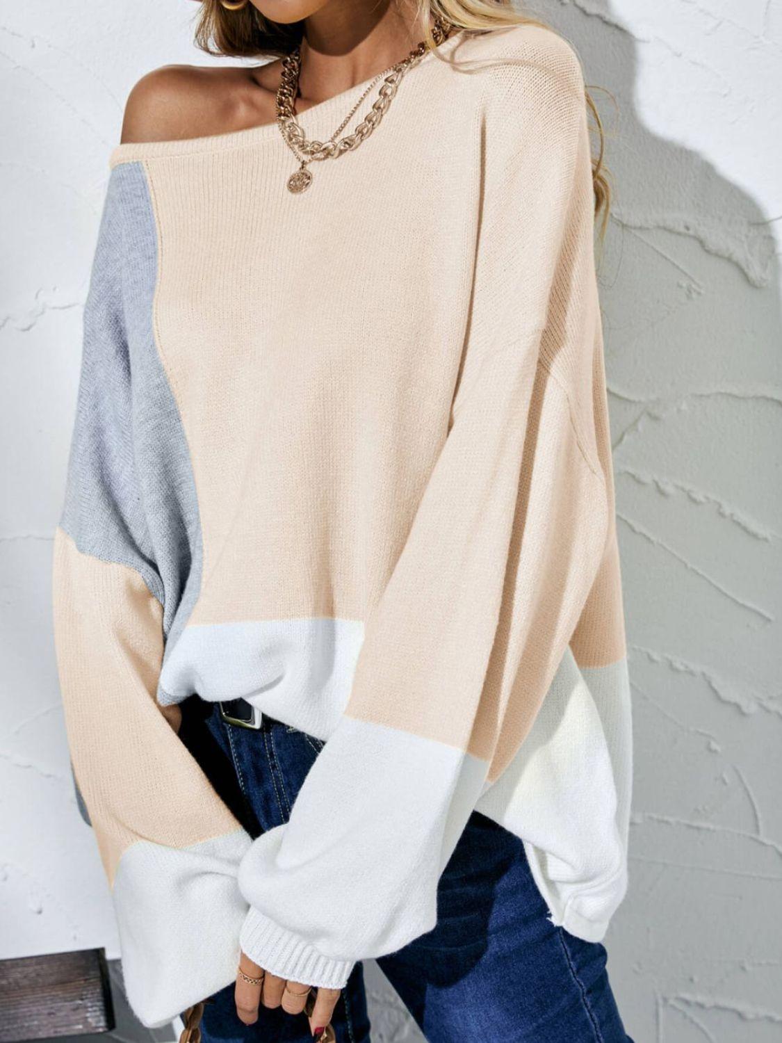 Color Block Balloon Sleeve Boat Neck Sweater - Sweater