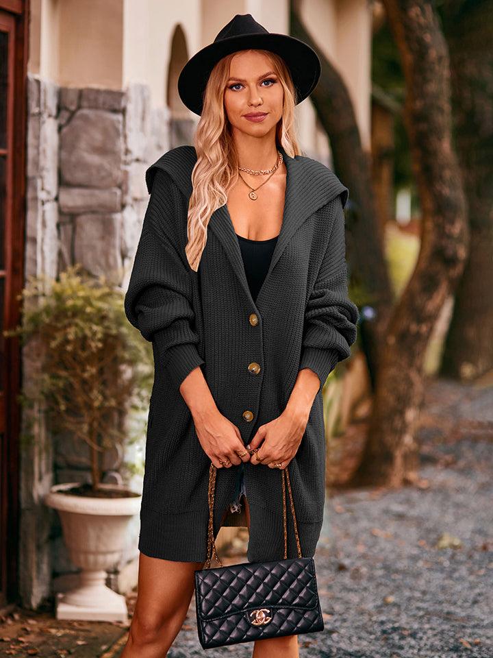 Dropped Shoulder Lonline Hooded Knit Cardigan - Cardigan