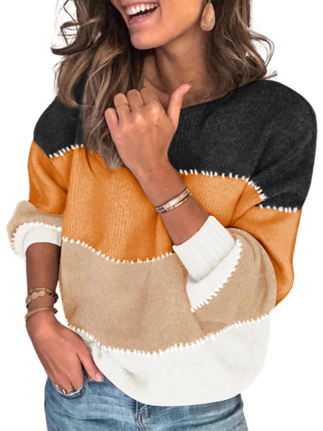 Color Block Round Neck Sweater - Sweater