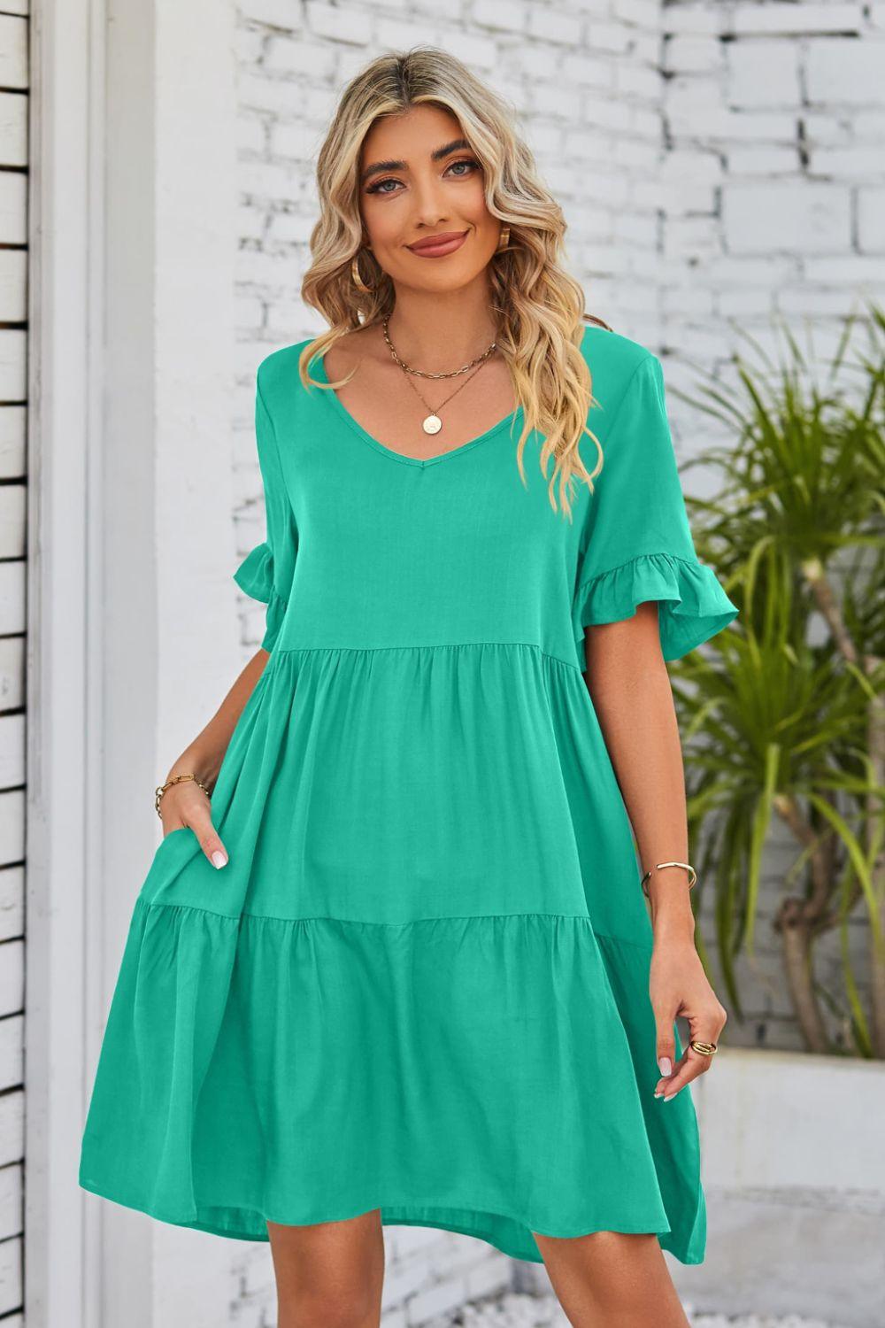 V-Neck Flounce Sleeve Knee Length Ruffle Tiered Dress - Dresses