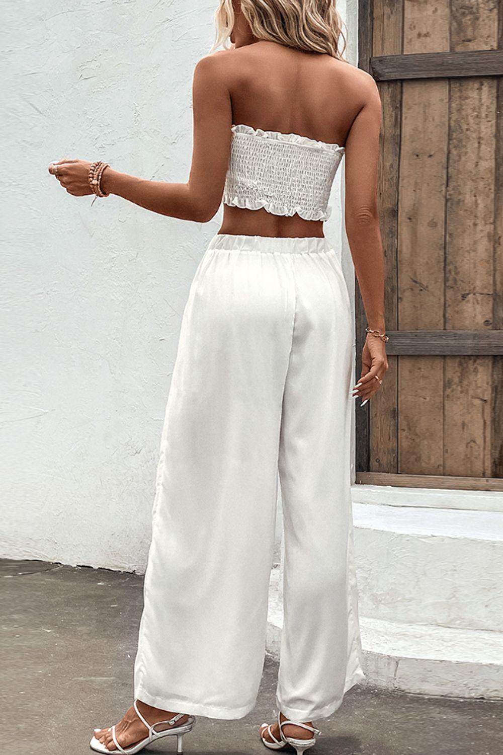 Smocked Tube Strapless Top and Wide Leg Pants Set - Pant & Top