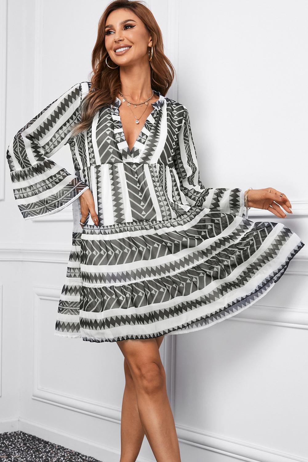 Printed Notched Neck Flare Sleeve Tiered Mini Dress - Dresses