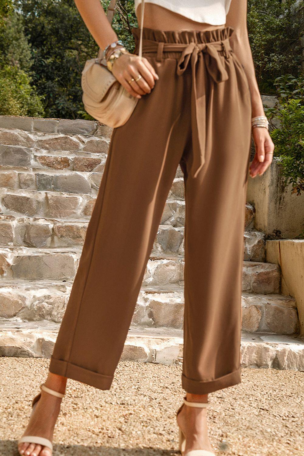 Cropped Tie Belt Paperbag Waist Straight Leg Pants - Pant