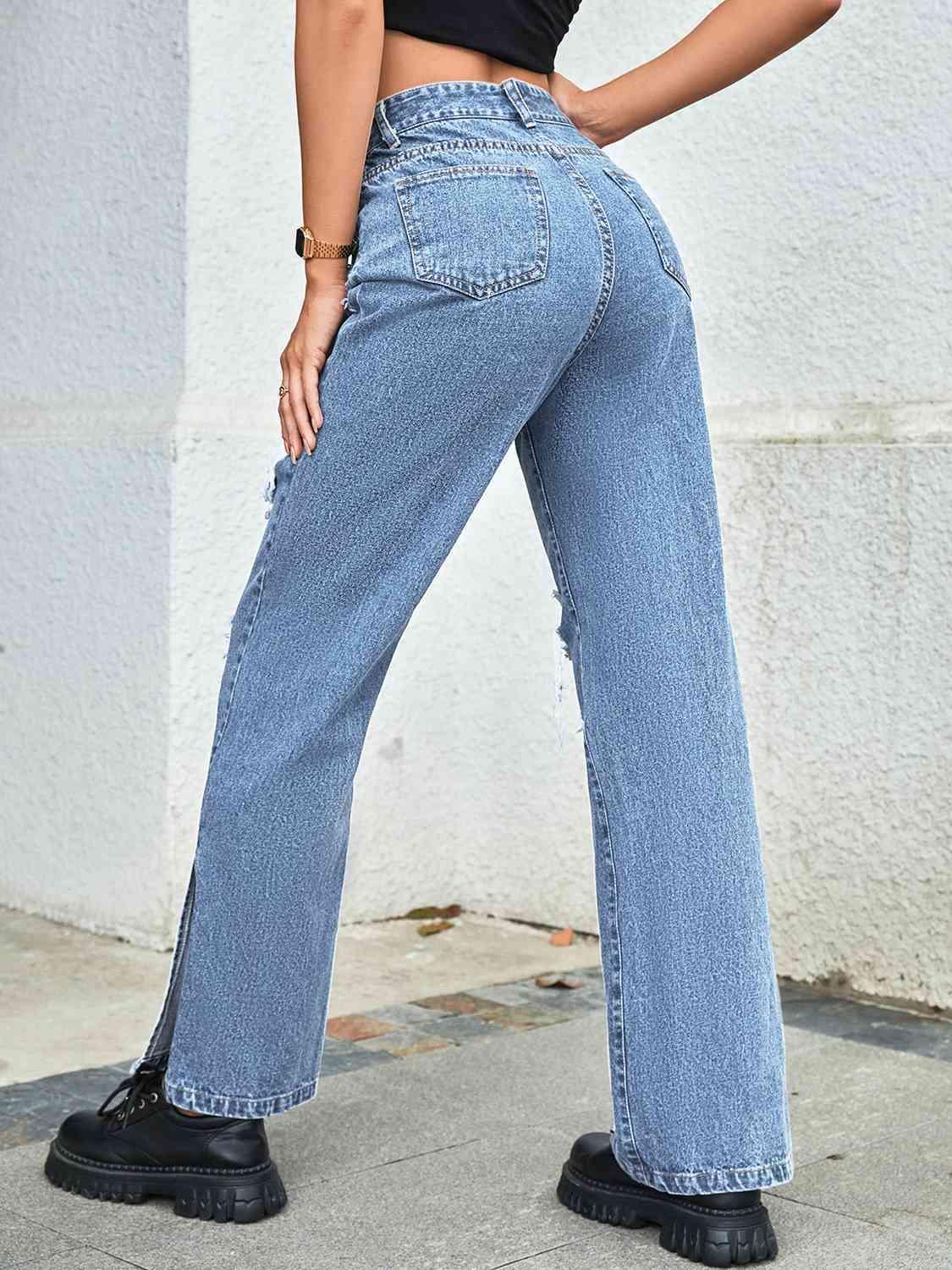 Distressed Slit High Rise Straight Leg Jeans - Jeans