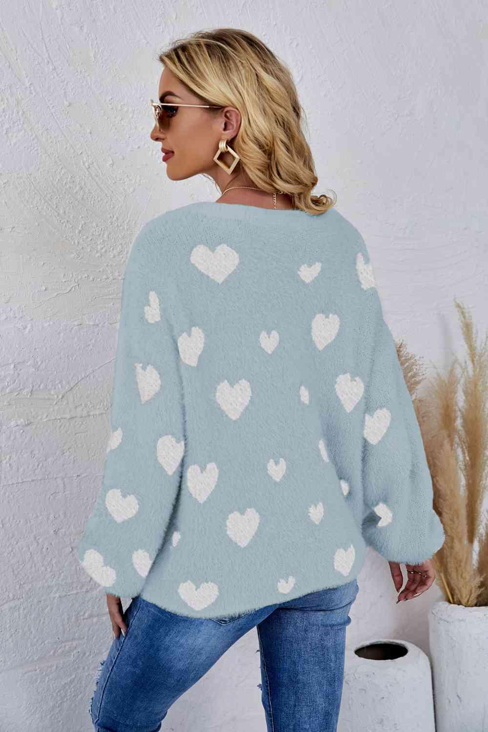 Woven Right Heart Print Fuzzy Sweater - Sweater