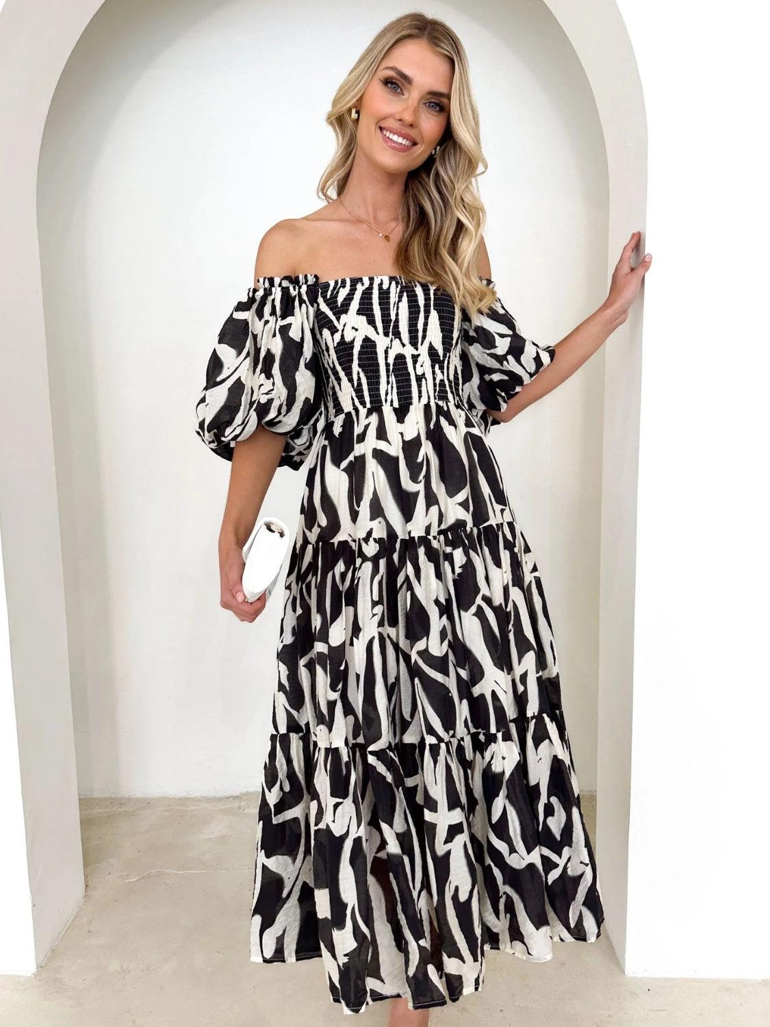 Floral Smocked Off-Shoulder Tiered Midi Dress - Dresses