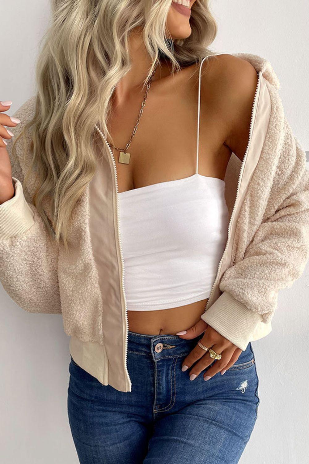 Collared Neck Zip-Up Cropped Sherpa Jacket - Jacket