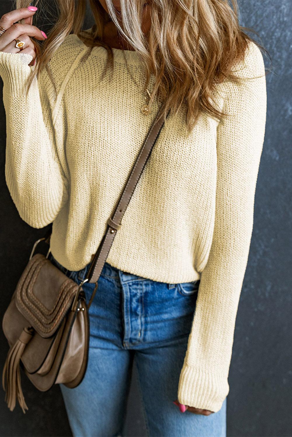 Ribbed Round Neck Openwork Knit Sweater - Sweater