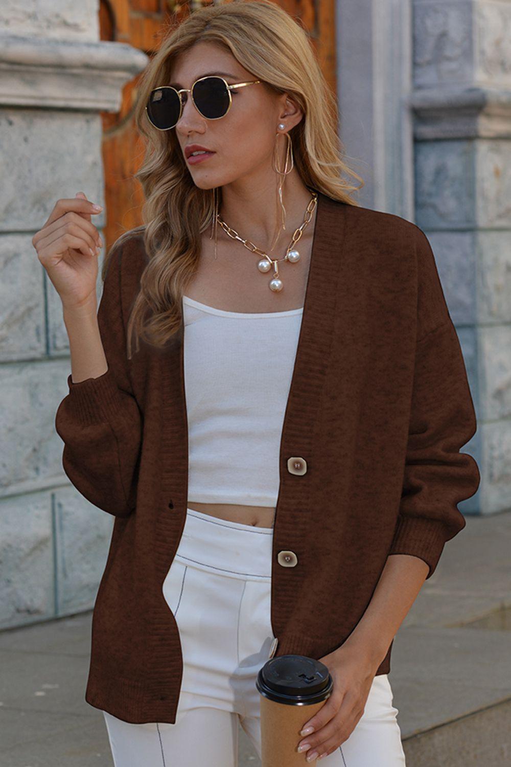 V-Neck Button-Down Dropped Shoulder Cardigan - Cardigan