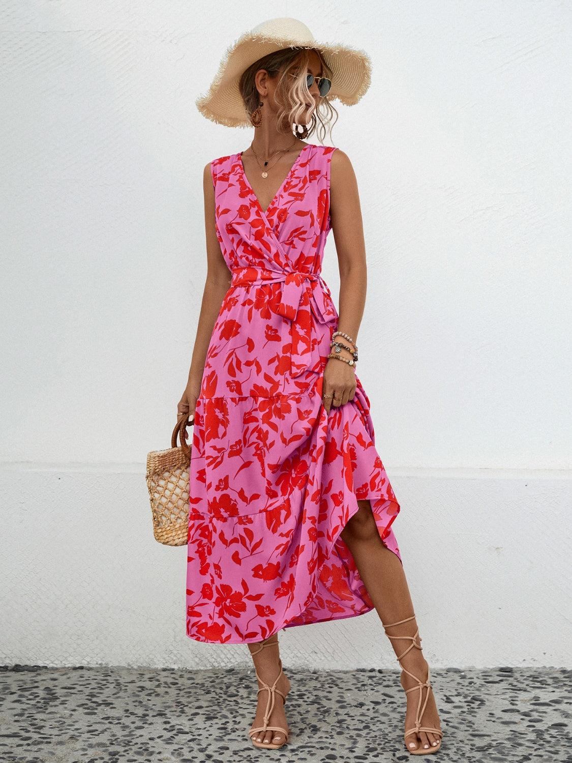 Tied Floral Surplice Tiered Midi Dress - Dresses