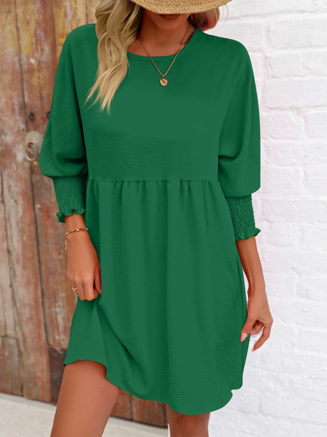 Round Neck Long Lantern Sleeve Mini Dress