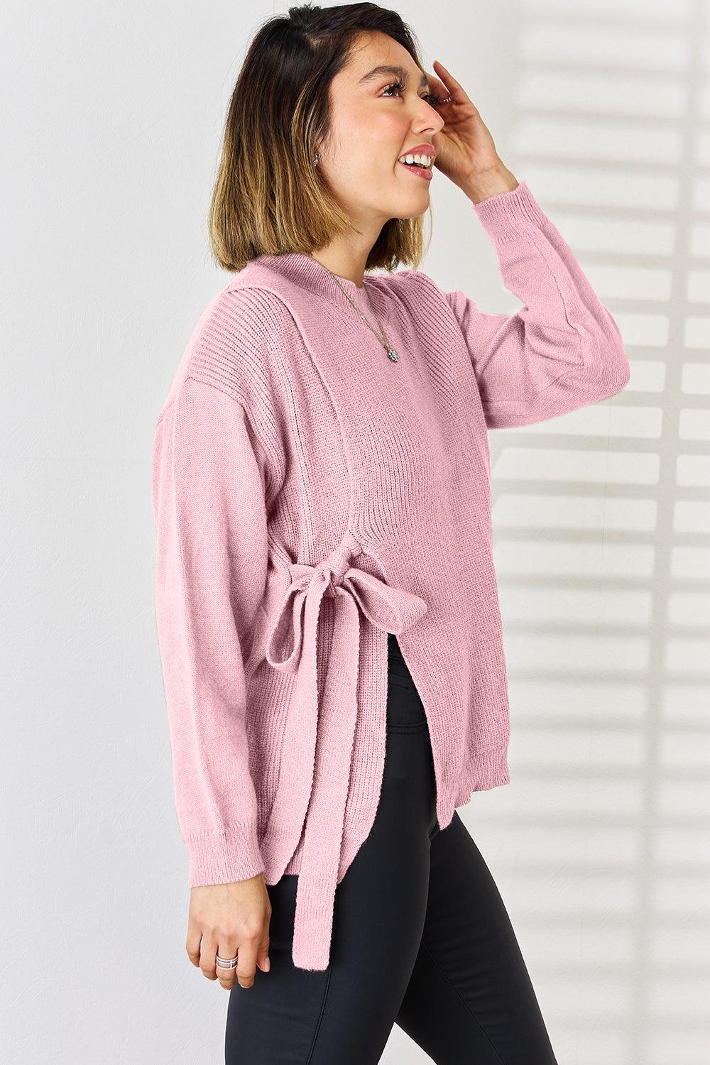 Slit Tied Dropped Shoulder Sweater - Sweater