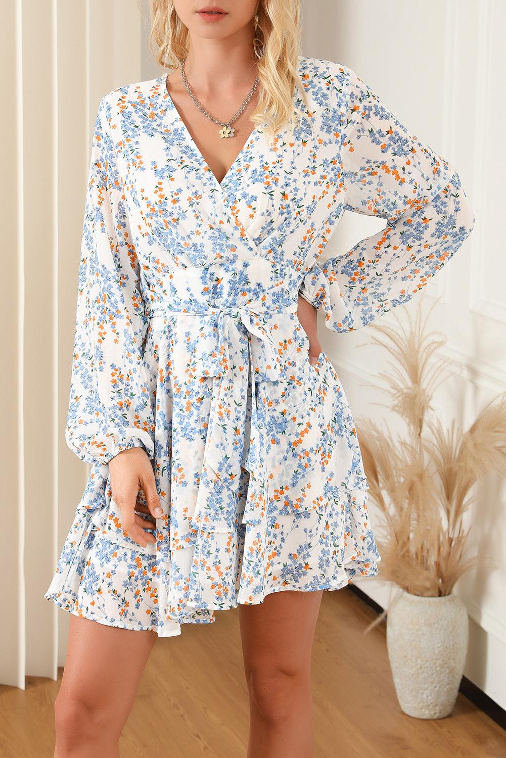 Floral Surplice Balloon Sleeve Mini Dress - Dresses