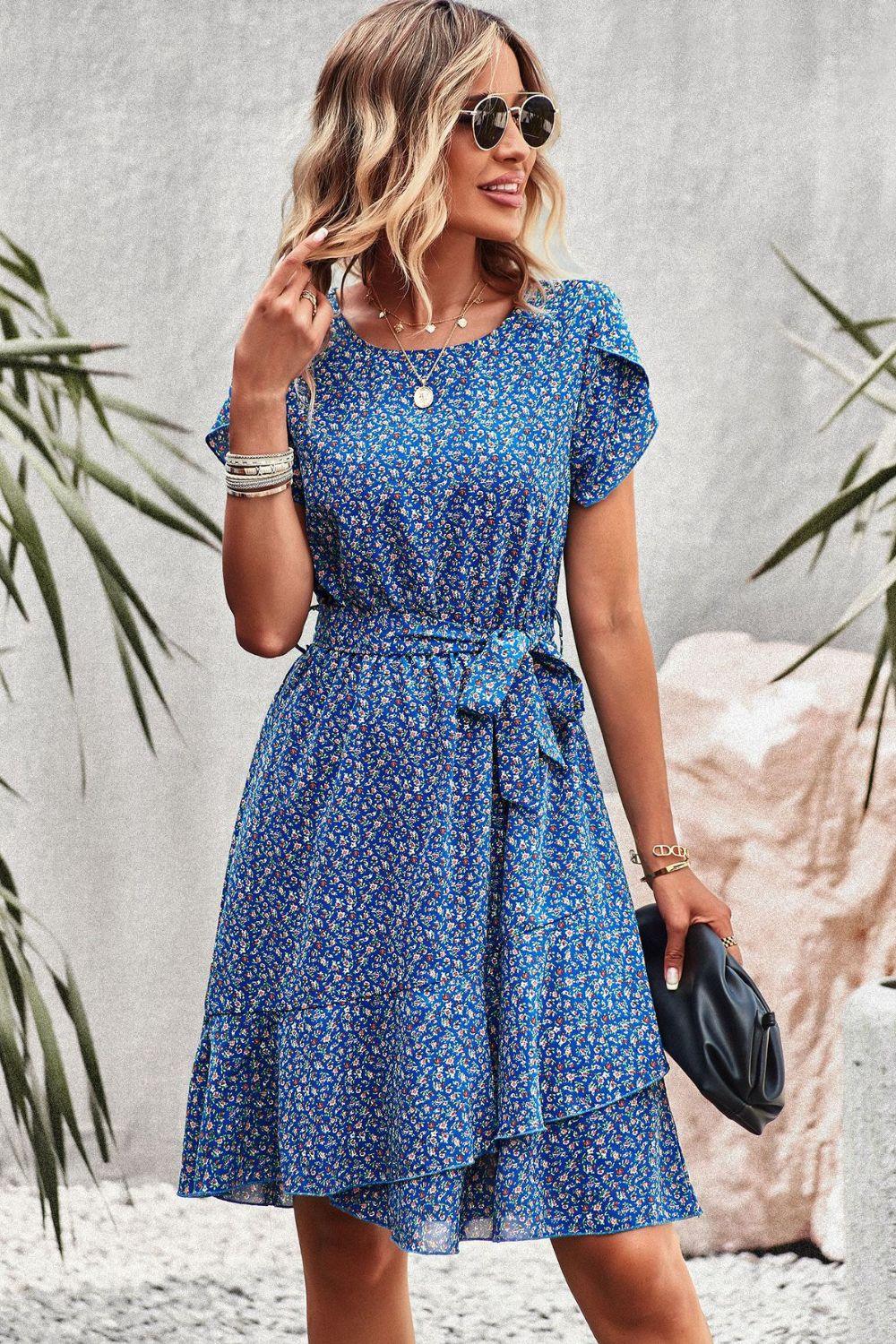 Belted Round Neck Petal Sleeve Knee-Length Dress - Dresses