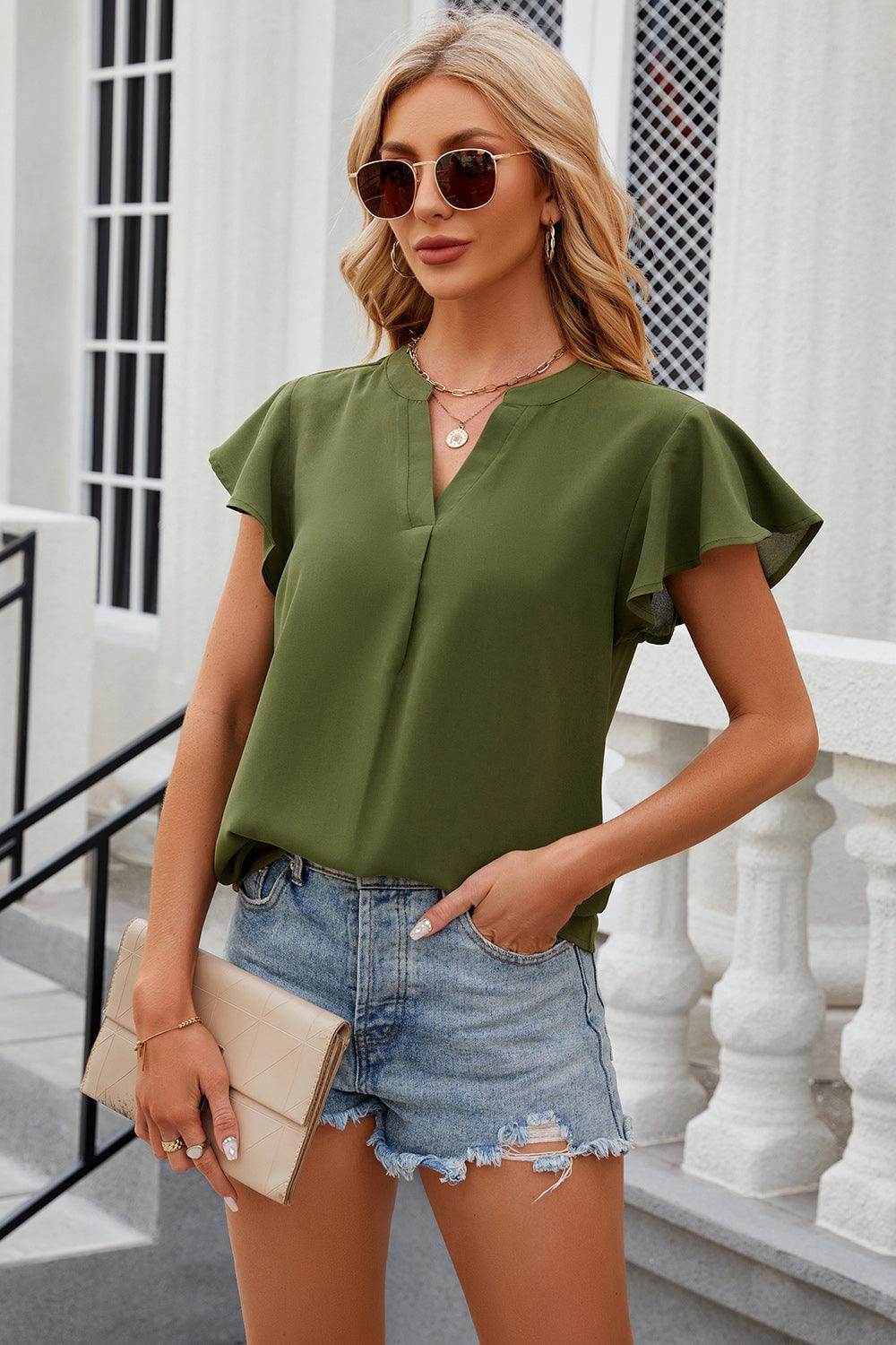 Notched Cap Sleeve Top - Top