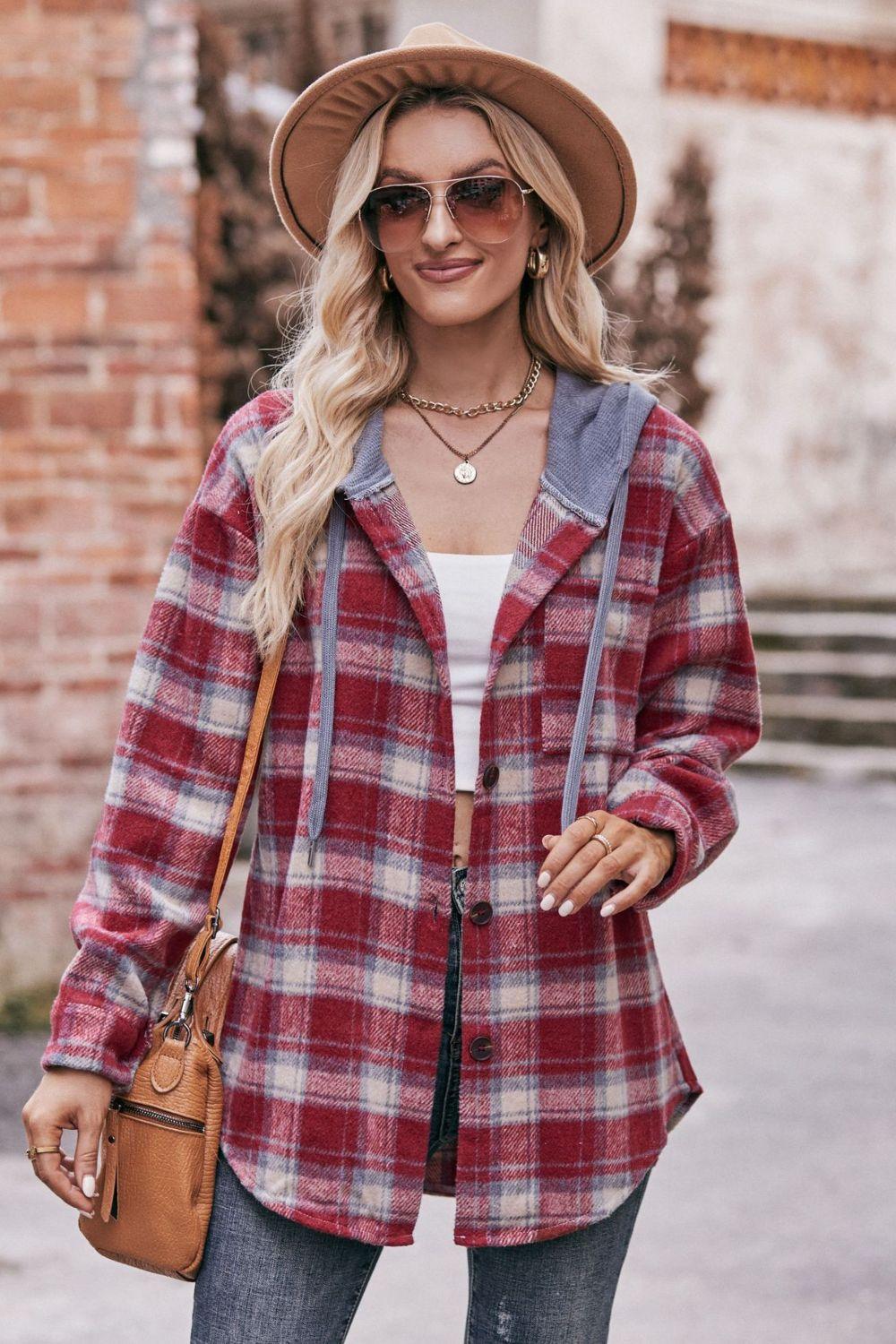 Plaid Dropped Shoulder Hooded Longline Shirt Jacket - Jacket