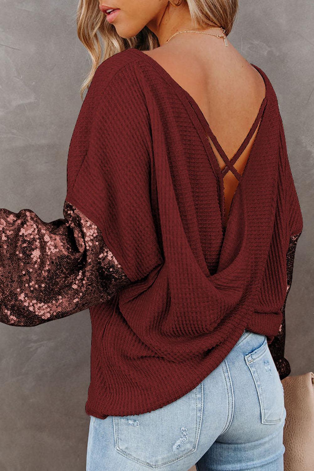 Sequin Waffle-Knit Blouse - Blouse