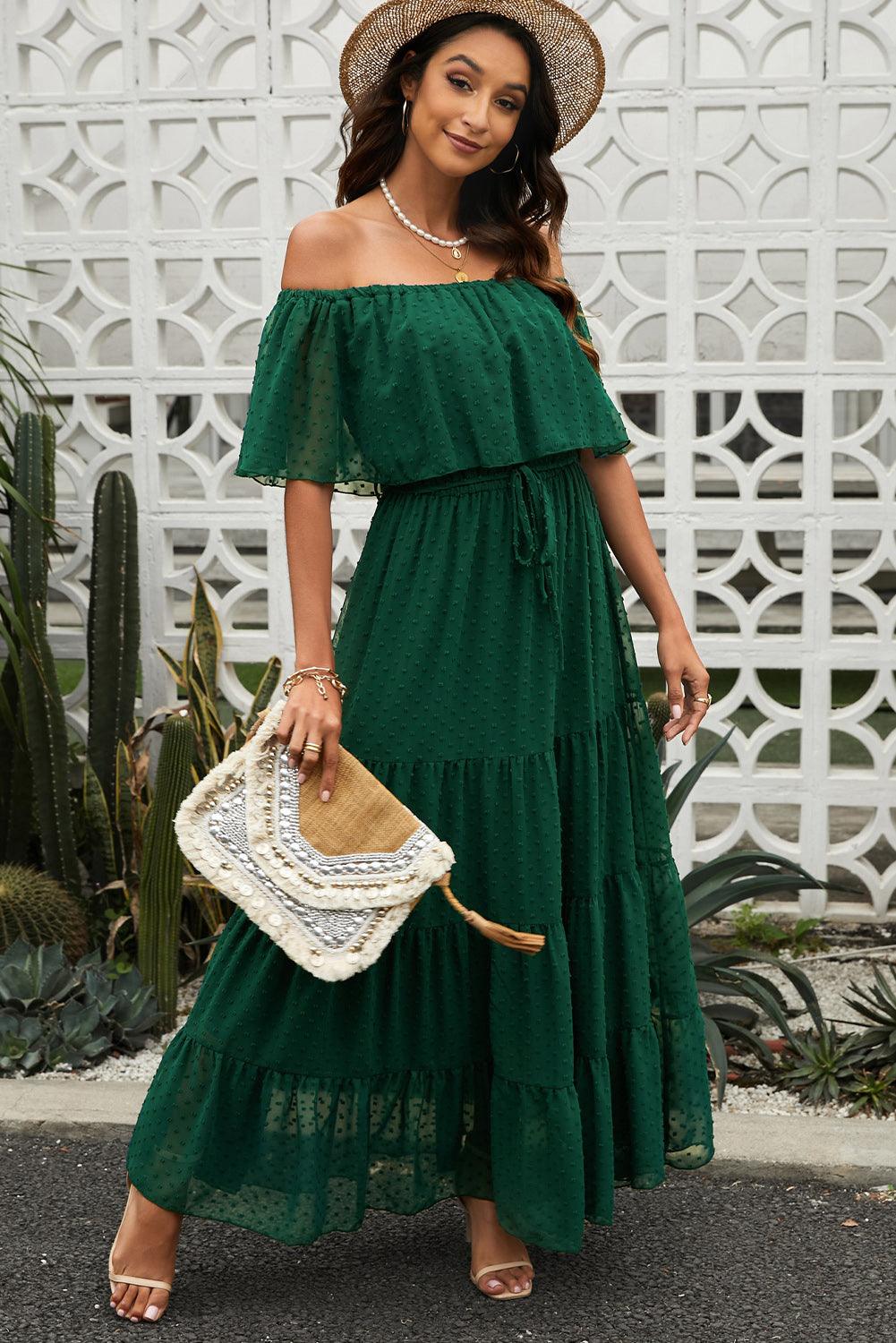 Swiss Dot Off-Shoulder Tiered Maxi Dress - Dresses