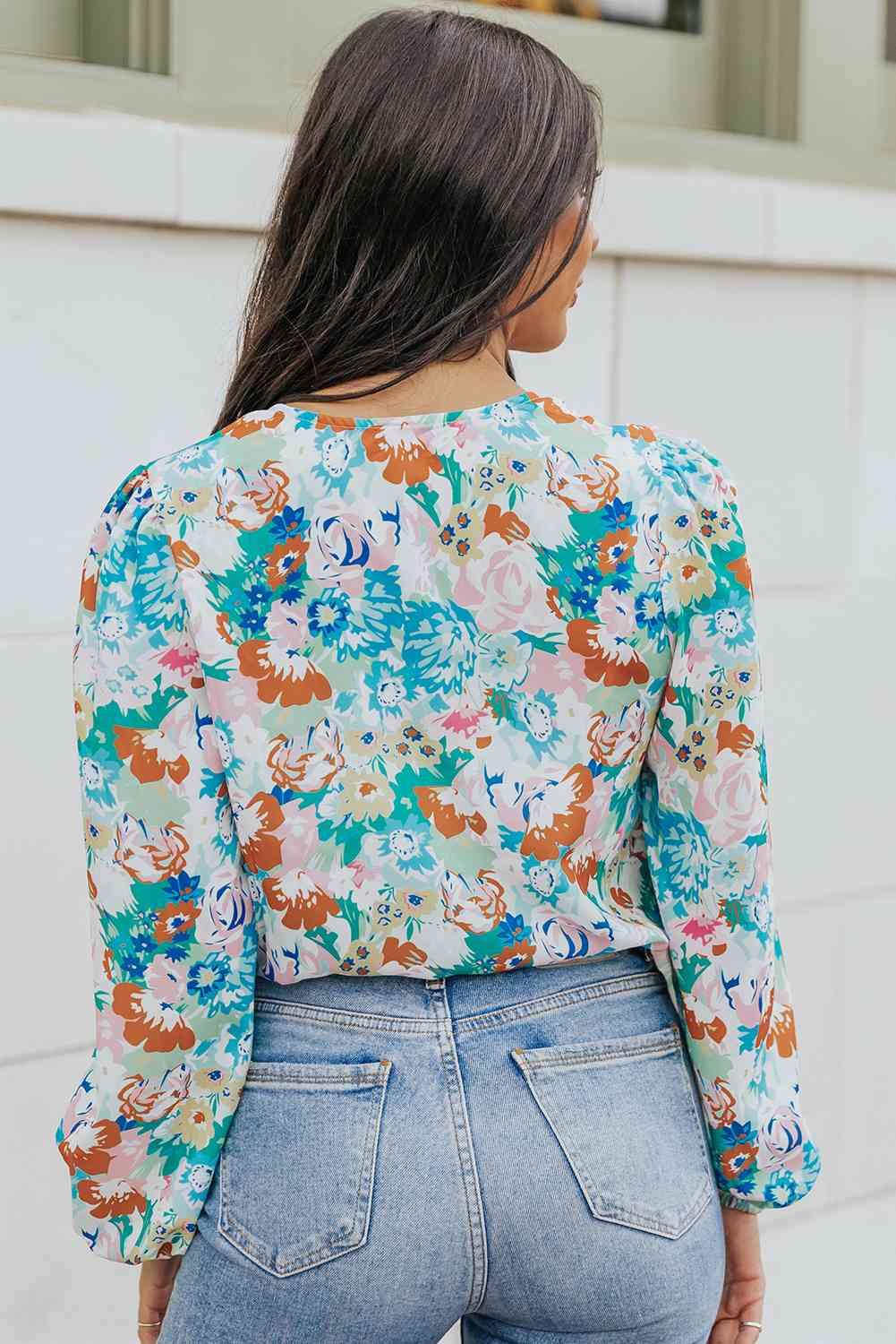 Floral Long Balloon Sleeve Bodysuit - Bodysuit