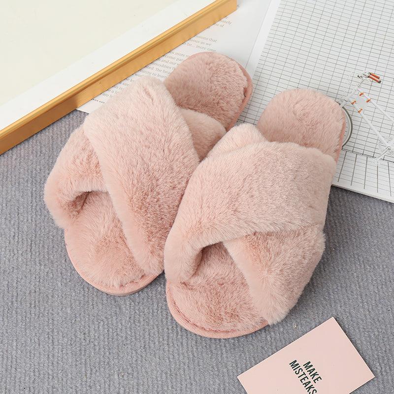 Faux Fur Crisscross Strap Slippers - Slippers