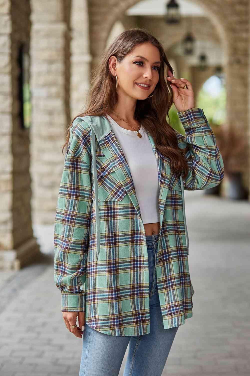 Plaid Long Sleeve Hooded Shacket - Jacket