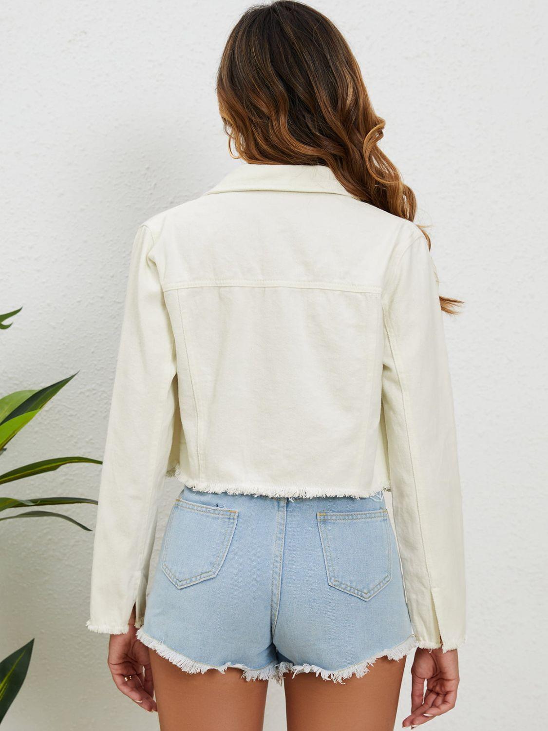 Collared Neck Raw Hem Cropped Denim Jacket - Jacket