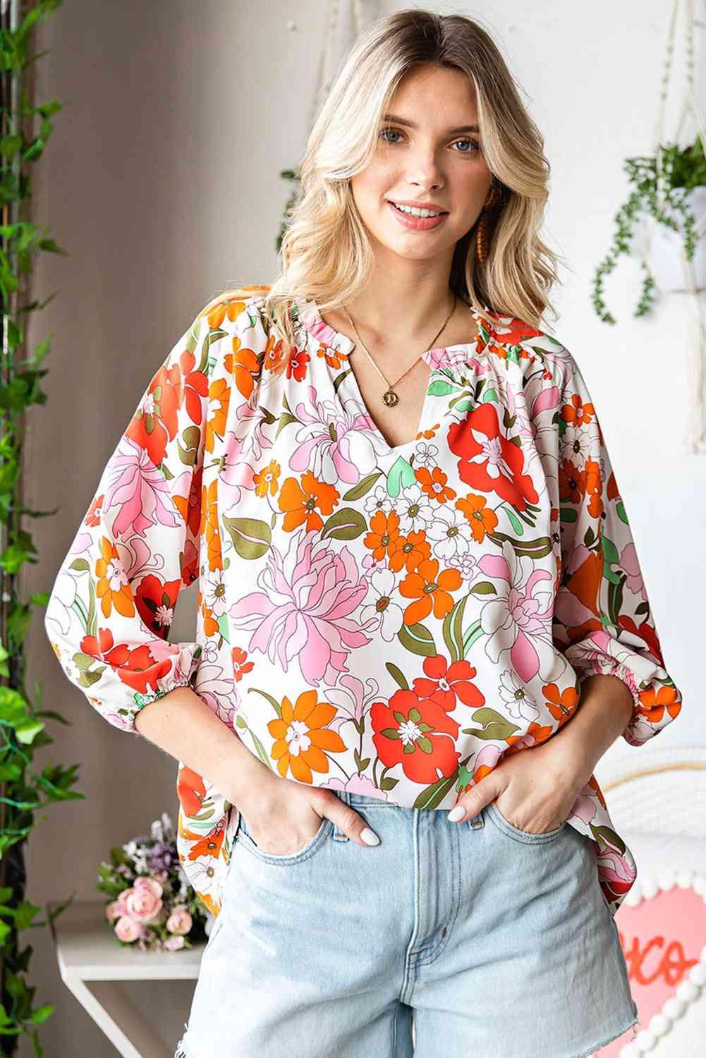 Floral Notched Neck Balloon Sleeve Blouse - Blouse