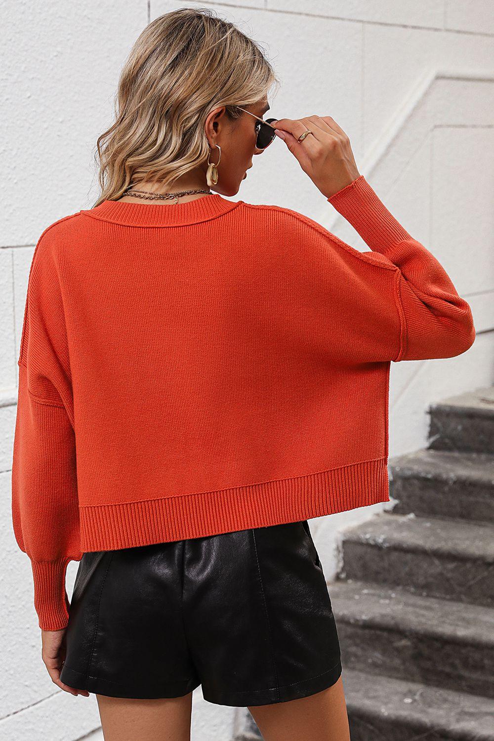 Round Neck Dropped Shoulder Pullover Cropped Sweater - Sweater