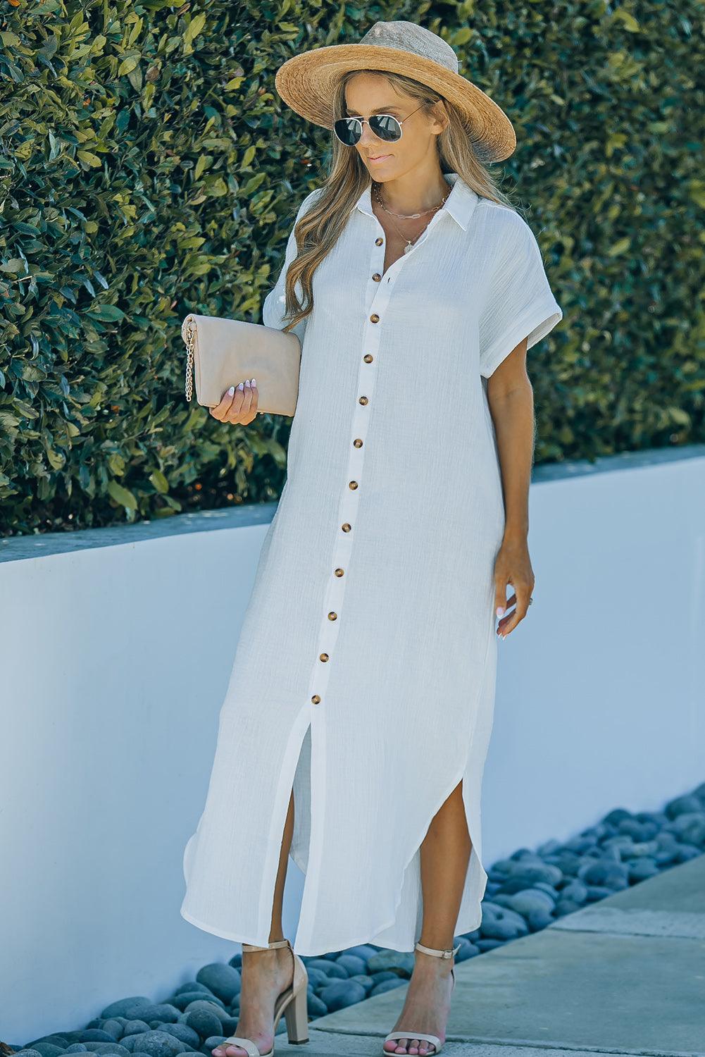 Textured Button Down Slit Shirt Maxi Dress - Dresses