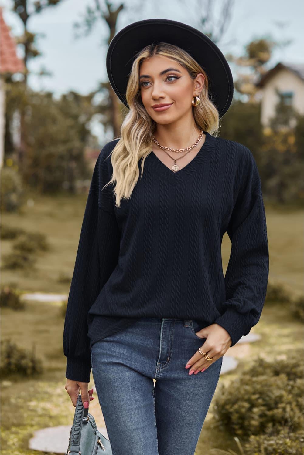 V-Neck Dropped Shoulder Long Sleeves Top - Top