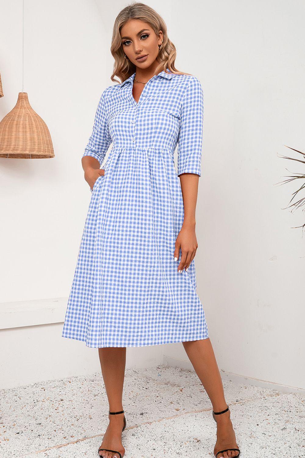 Plaid Collared Neck Midi Dress - Dresses