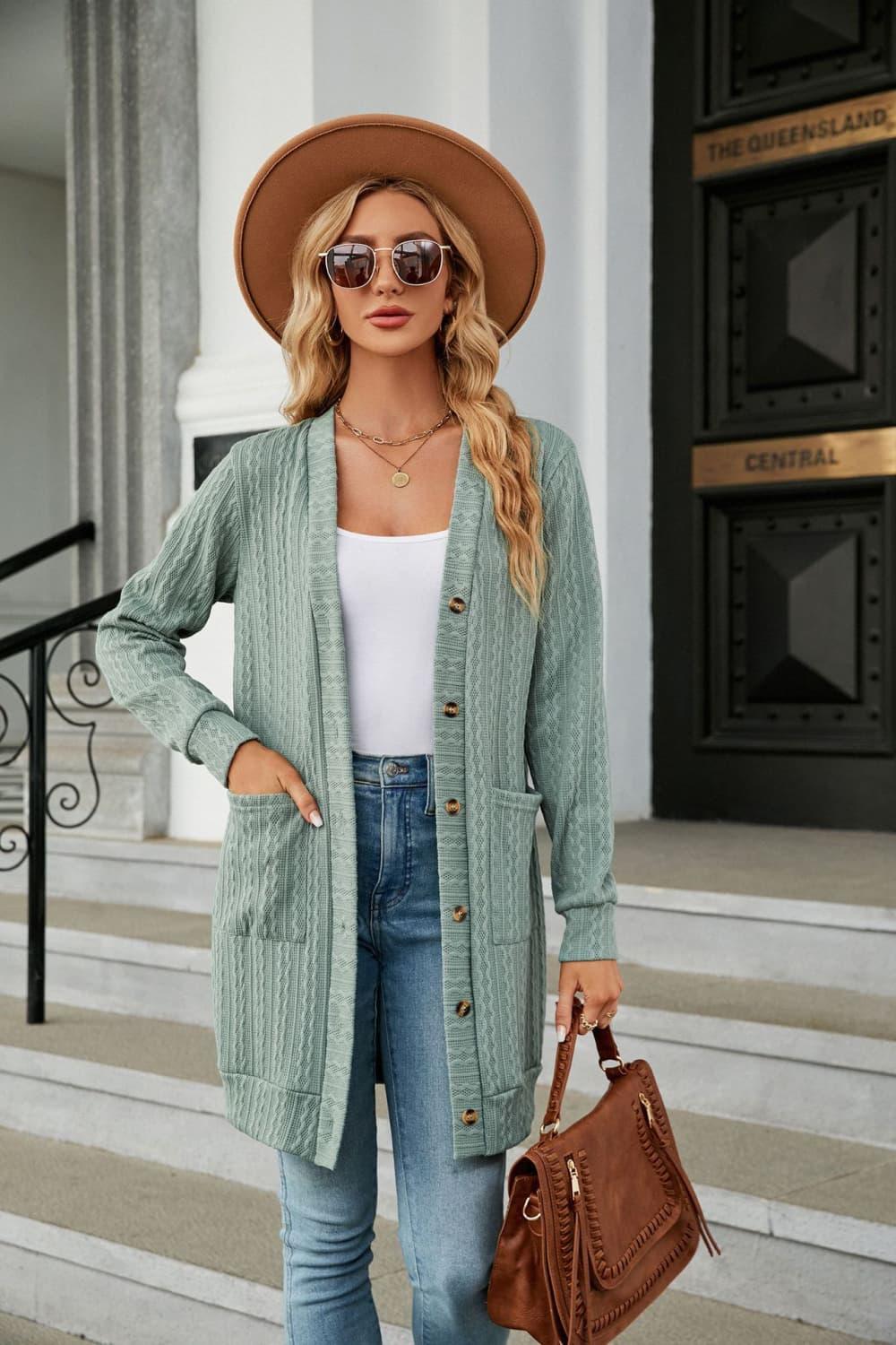 Button Down Longline Cardigan with Pockets - Cardigan