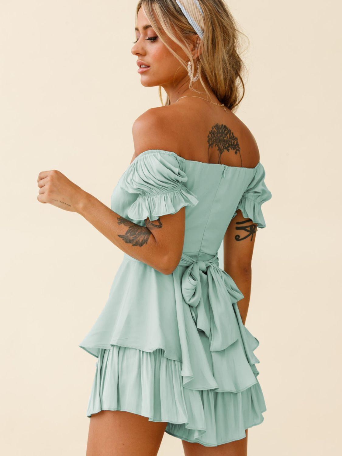 Off Shoulder Flounce Sleeve Layered Mini Dress - Dresses