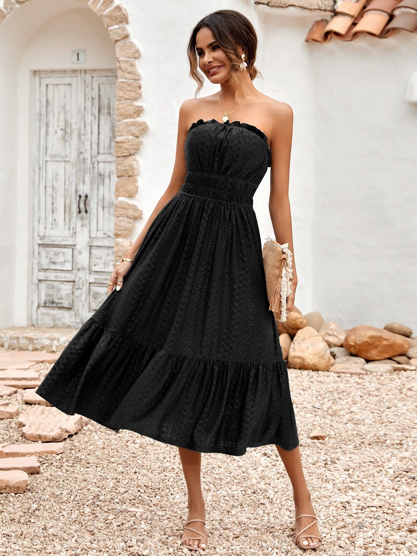 Frill Trim Strapless Midi Dress - Dresses