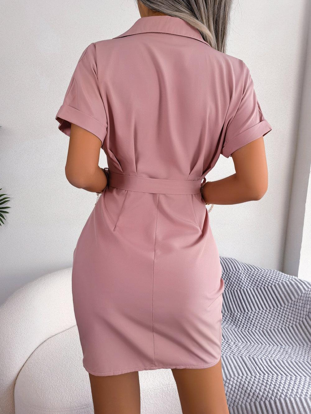 Button Down Ruched Tie Belt Shirt Dress - Dresses