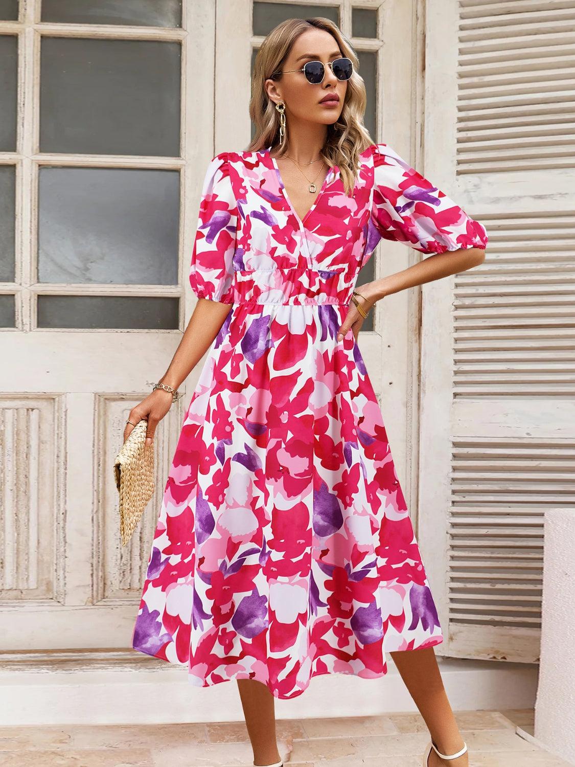 Ruched Floral Surplice Midi Dress - Dresses