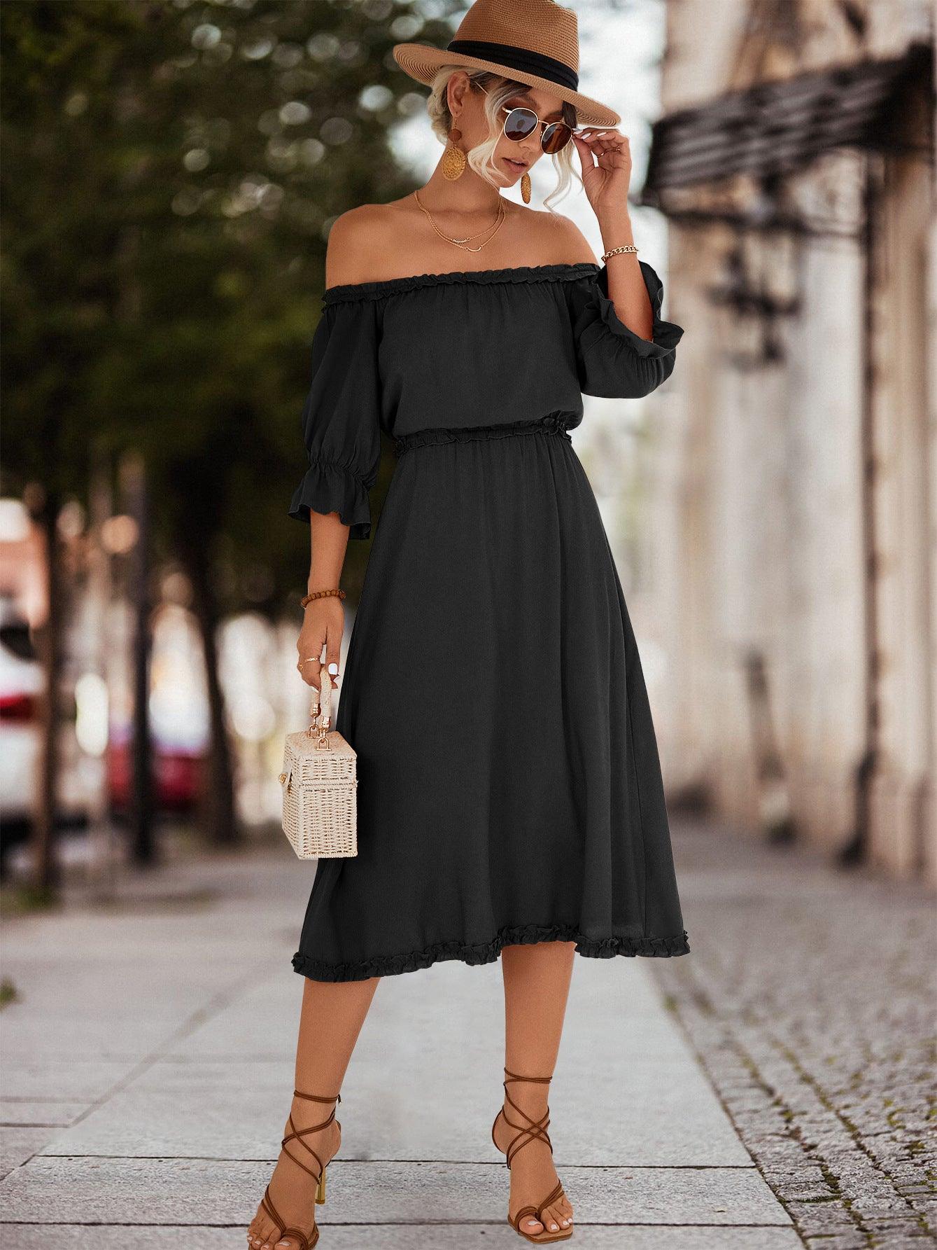 Frilled Off-Shoulder Flounce Sleeve Midi Dress - Dresses