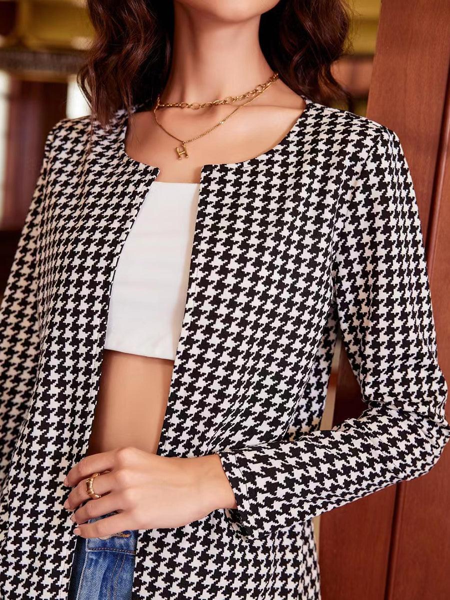 Houndstooth Open Front Longline Blazer - Blazer