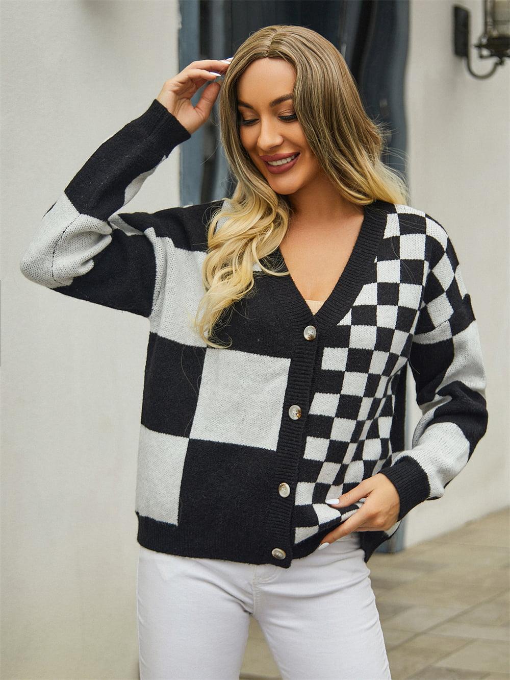 Checkered V-Neck Dropped Shoulder Sweater Cardigan - Cardigan