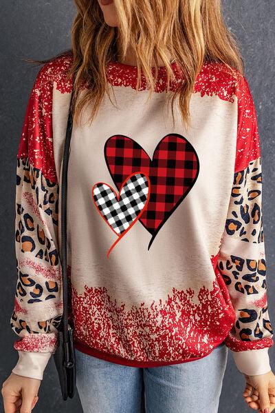 Heart Leopard Round Neck Sweatshirt - Sweatshirt