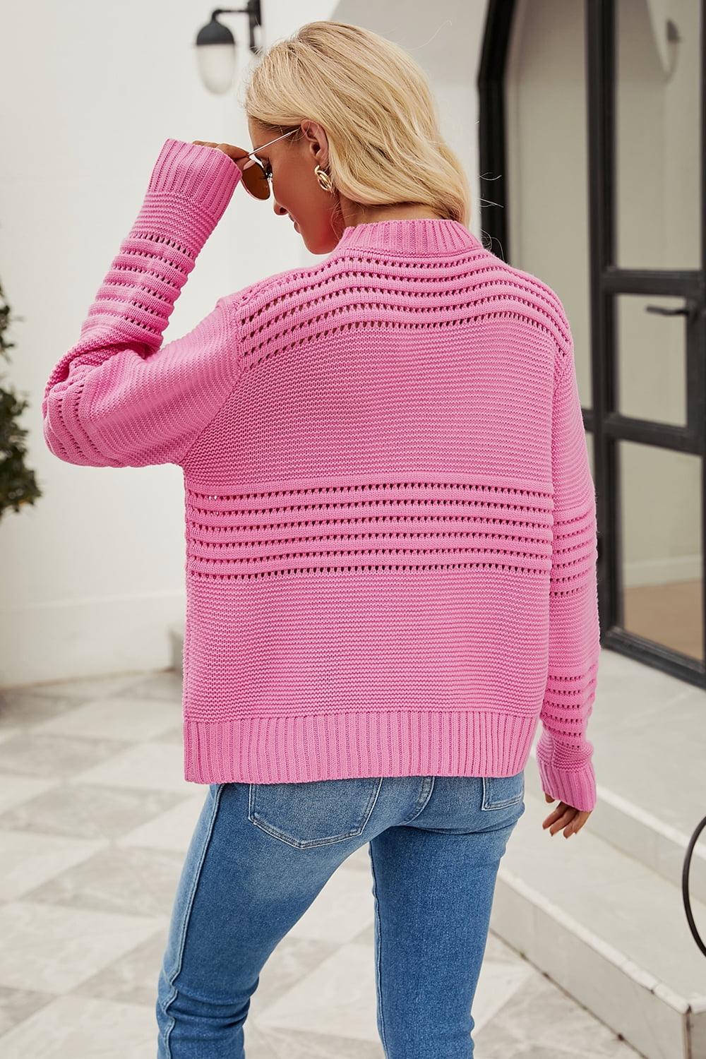 Ribbed Round Neck Openwork Pullover Sweater - Sweater