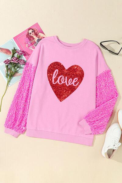 LOVE Heart Sequin Dropped Shoulder Sweatshirt - Sweatshirt