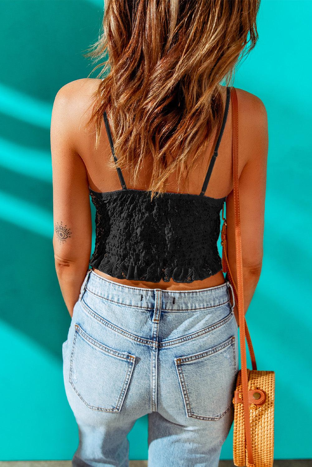 V-Neck Spaghetti Straps Lace Crop Top - Crop Top