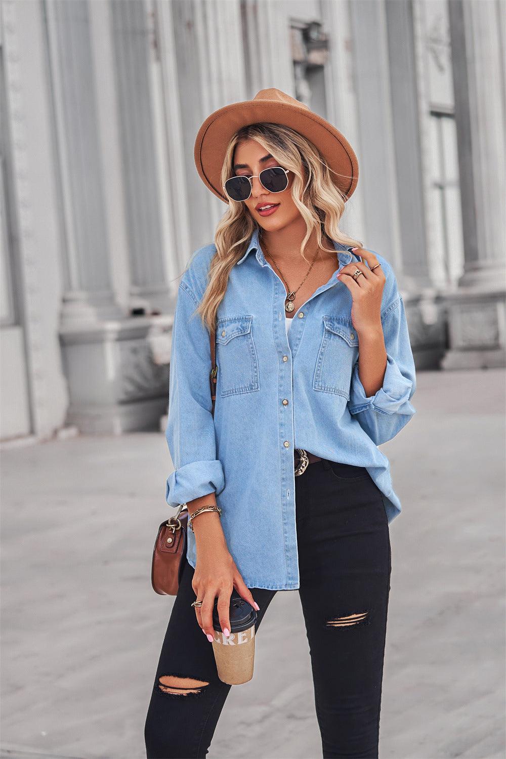 Collared Neck Button Down Collar Long Sleeve Denim Shirt - Shirt