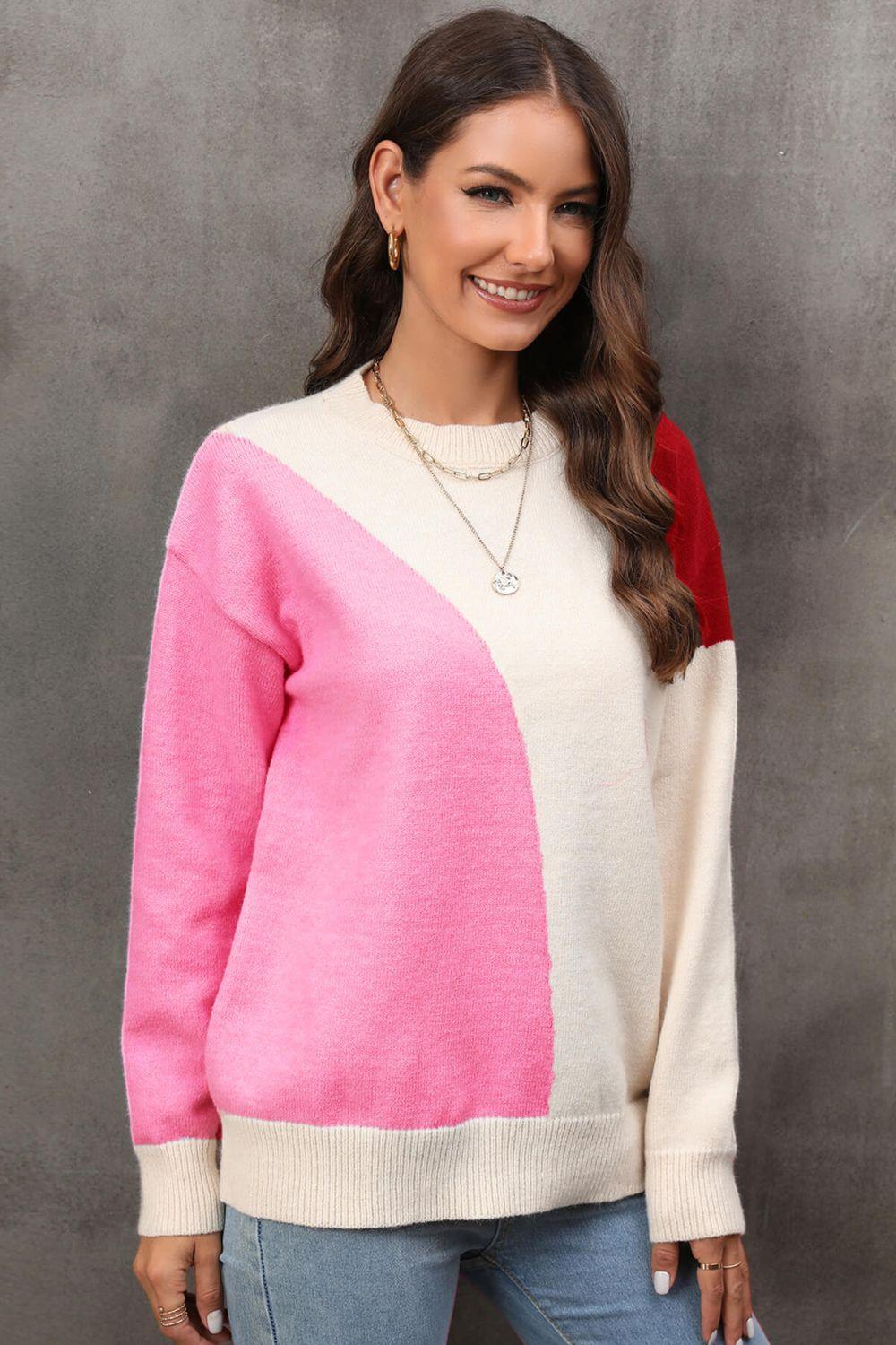 Color Block Ribbed Cuff Drop Shoulder Sweater - Sweater